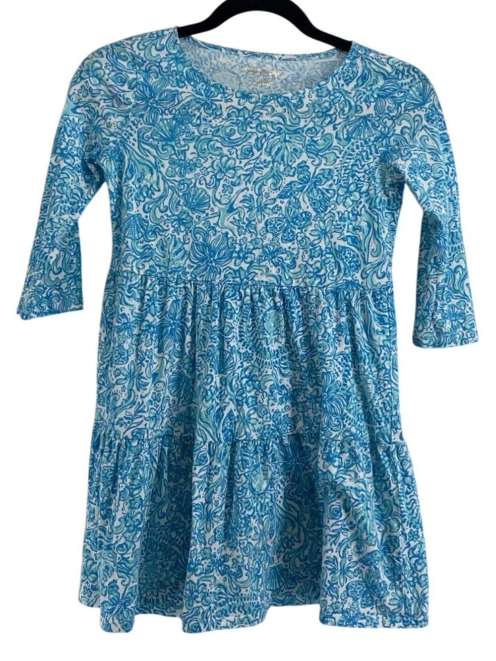 Lilly Pulitzer Dress Girls L 8-10 Blue White Floral Tiered 3/4 Sleeve Cotton